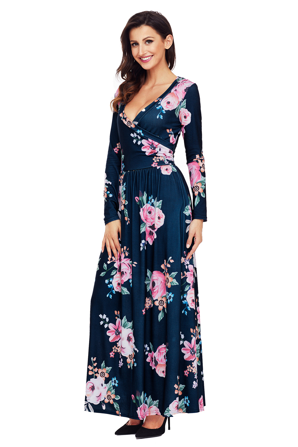 BY61772-5 Navy Floral Surplice Long Sleeve Maxi Boho Dress